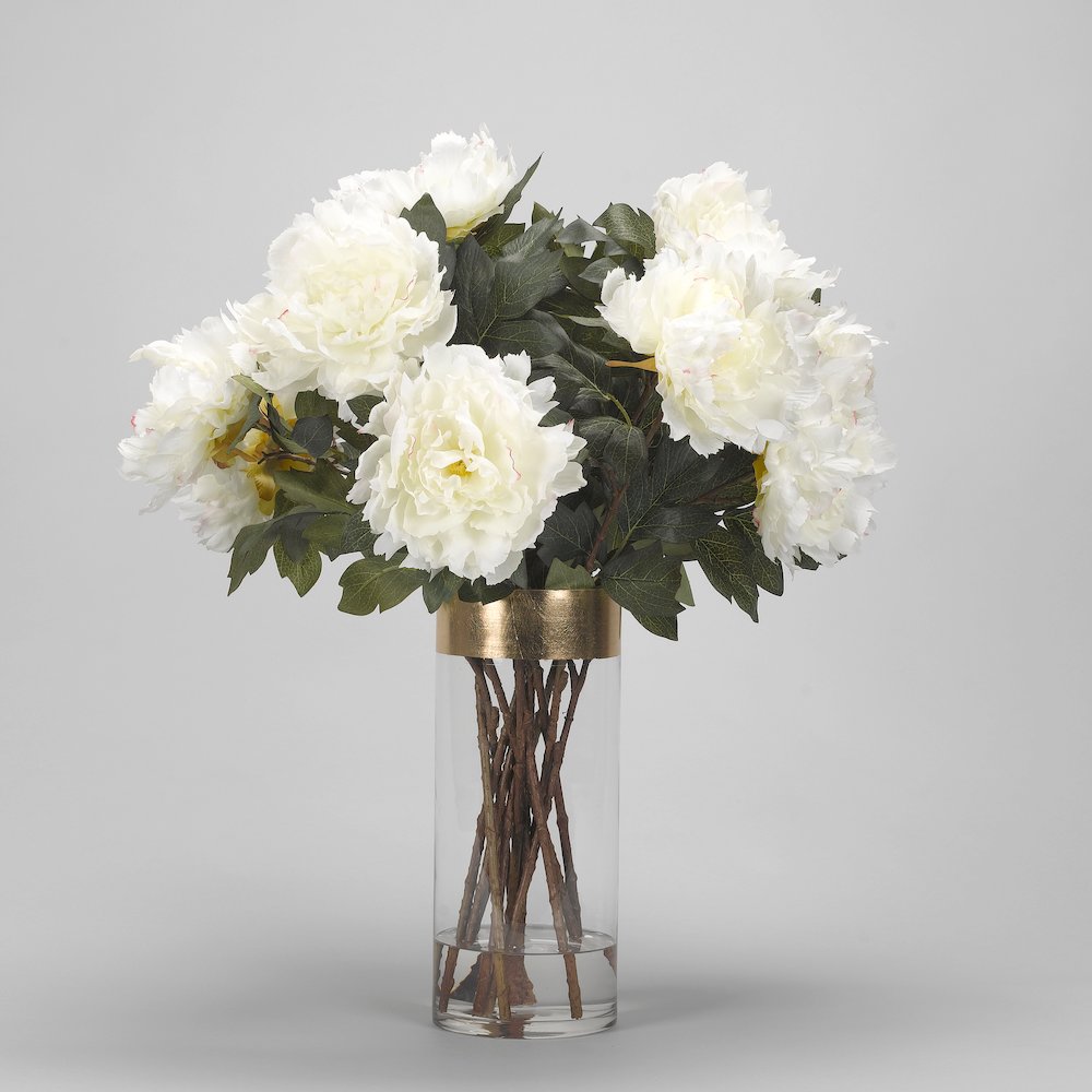 Cream Peonies in Tall Glass Cylinder with Gold Stripe. Picture 1