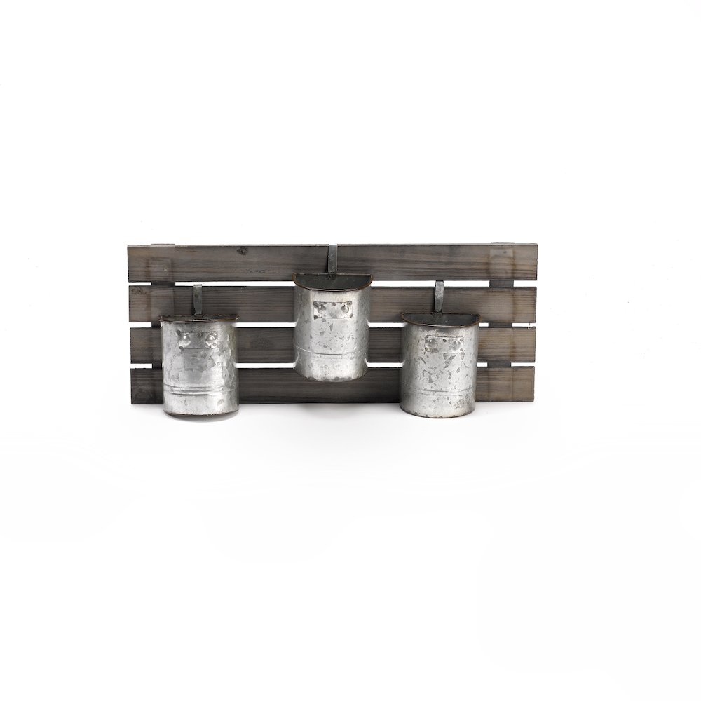 Wooden Slat Wall Hanging with Tin Buckets. Picture 1