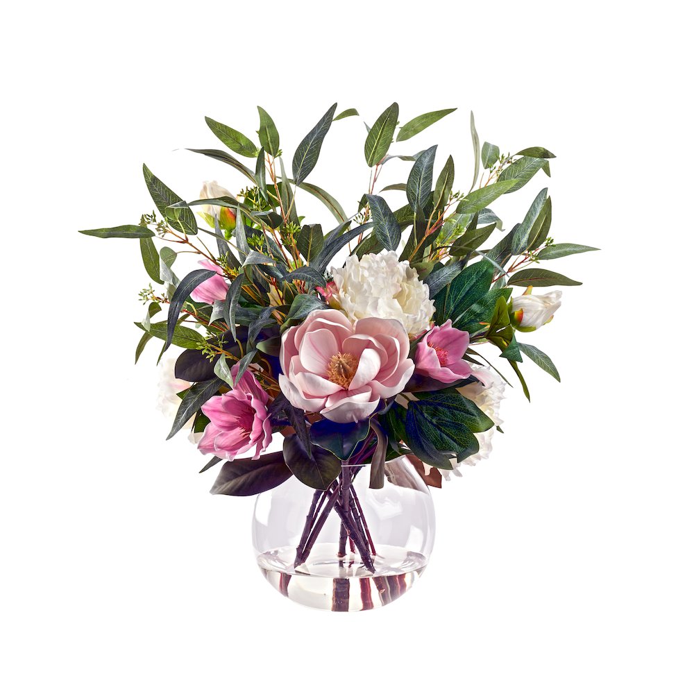 Peonies, Magnolias, and Eucalyptus in Glass Bowl. Picture 1