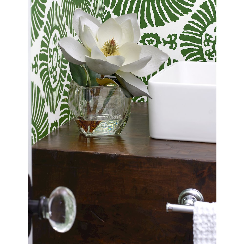 White Eva Magnolia Stem in Square Glass Vase. Picture 1