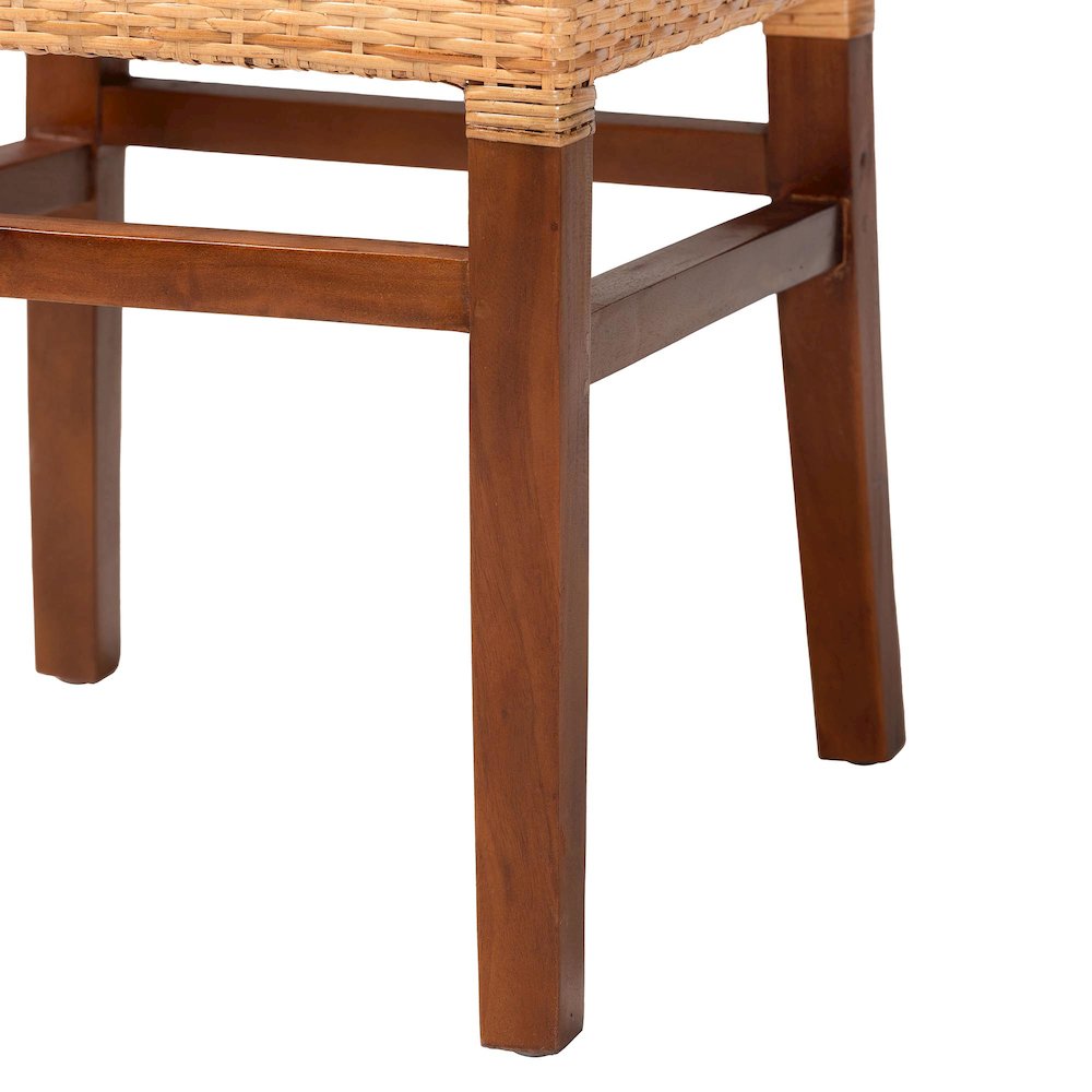 Walnut Brown Mahogany Wood and Natural Rattan 2-Piece Dining Chair Set. Picture 7