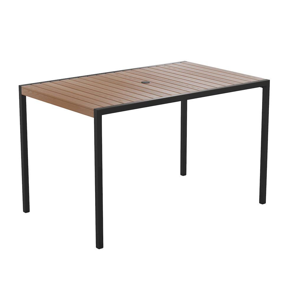 Outdoor Dining Table with Synthetic Teak Poly Slats - 30" x 48" Steel Framed Restaurant Table with Umbrella Holder Hole. Picture 1