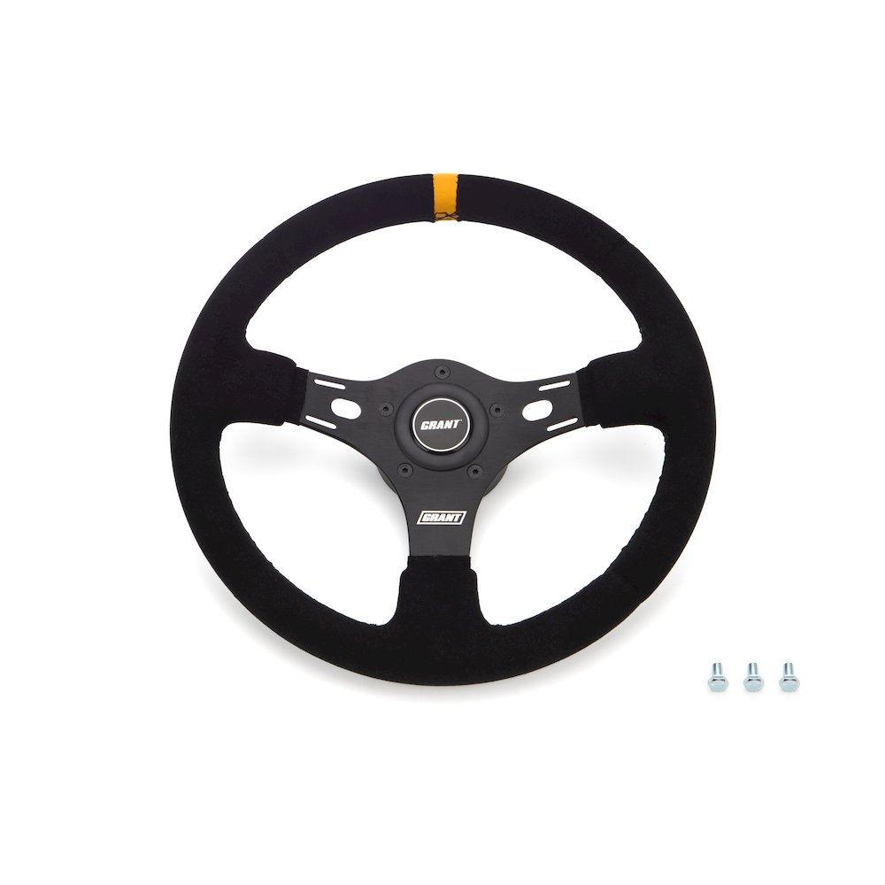 13in Yellow Stripe Race Steering Wheel Suede. Picture 1