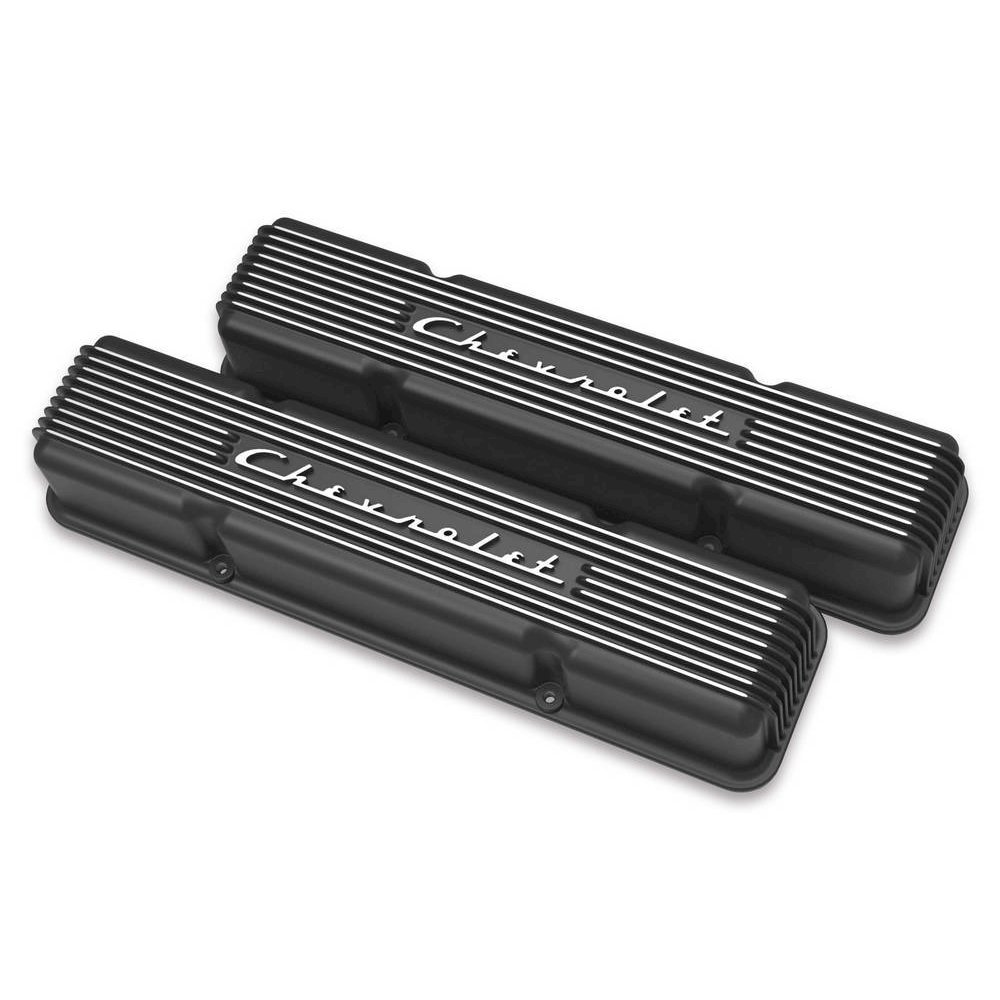 SBC Valve Covers Finned Vintage Series Black. Picture 1