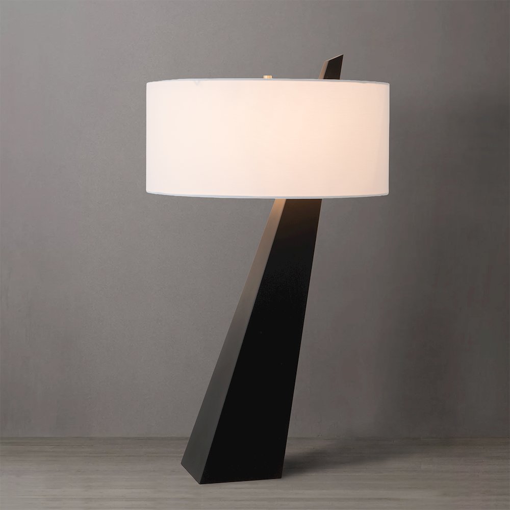 Obelisk Premium Quality Table Lamp, Black Oak, Satin Nickel, White Cotton-Linen. Picture 2