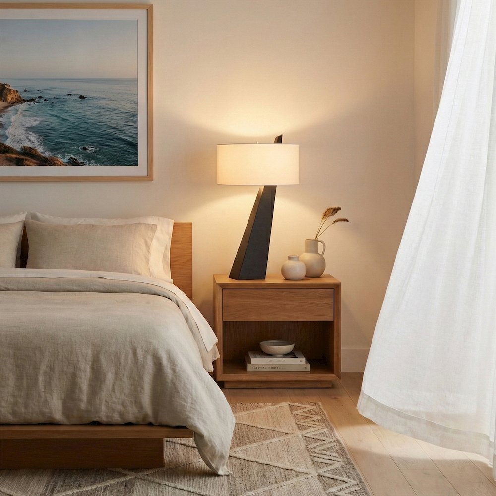 Obelisk Premium Quality Table Lamp, Black Oak, Satin Nickel, White Cotton-Linen. Picture 3