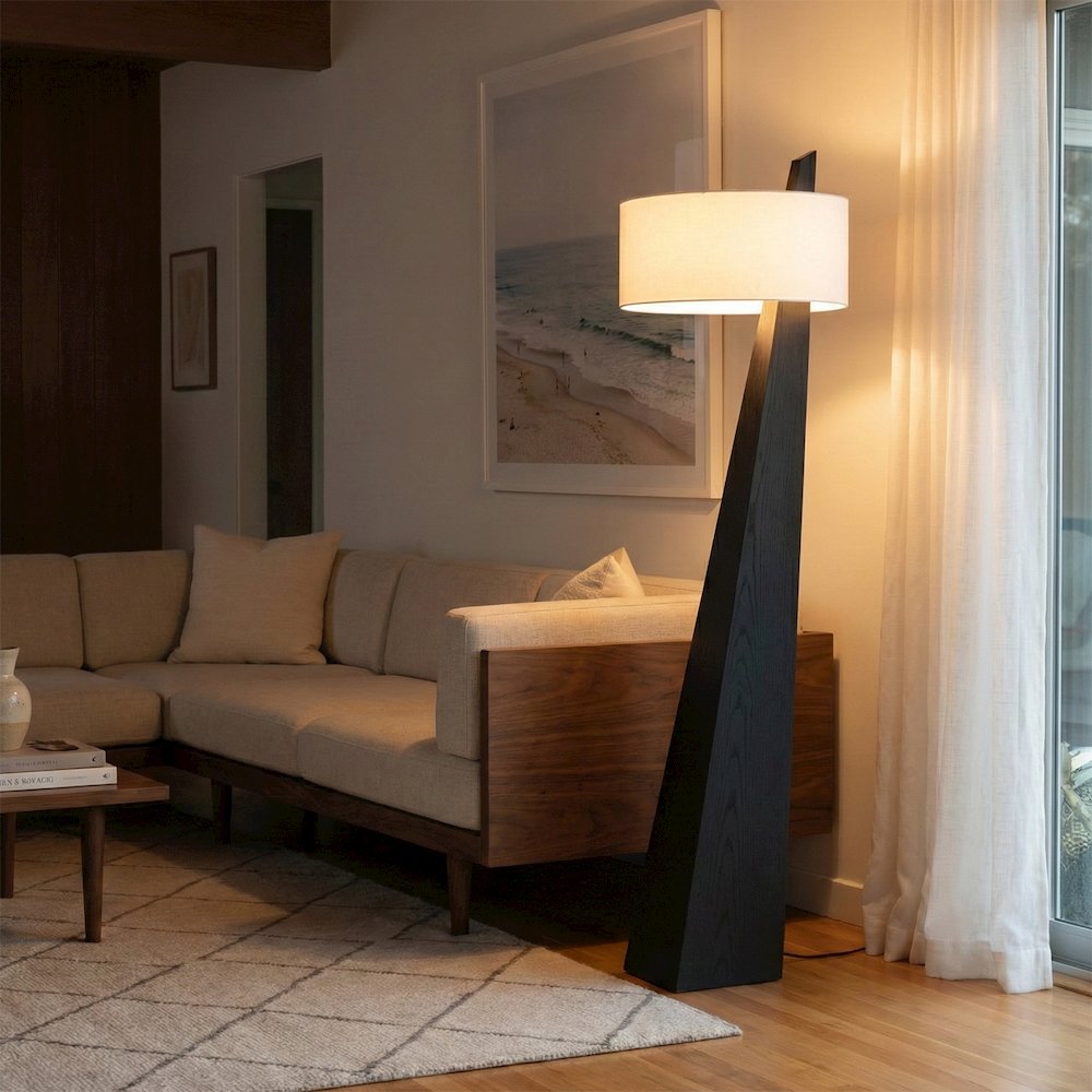 Obelisk 63" Black Oak Floor Lamp, Black Oak Finish, Satin Nickel, White. Picture 4