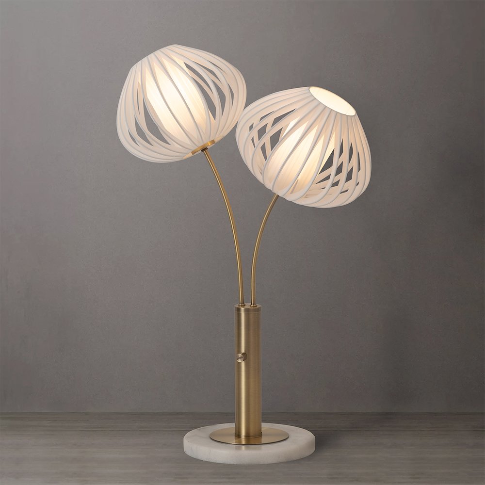 Bloom 2-Light Table Lamp - Weathered Brass, White Marble Base, White Satin Shade. Picture 2