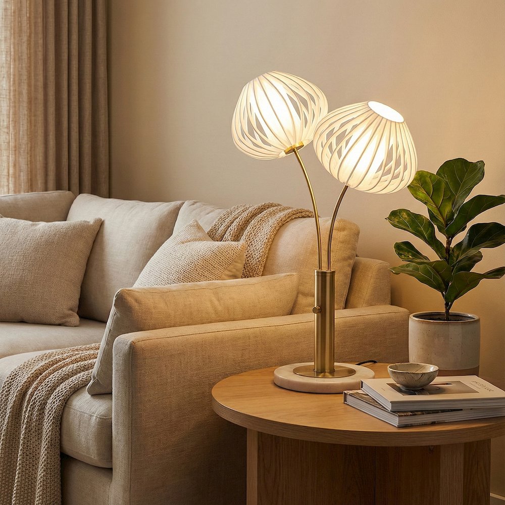 Bloom 2-Light Table Lamp - Weathered Brass, White Marble Base, White Satin Shade. Picture 3