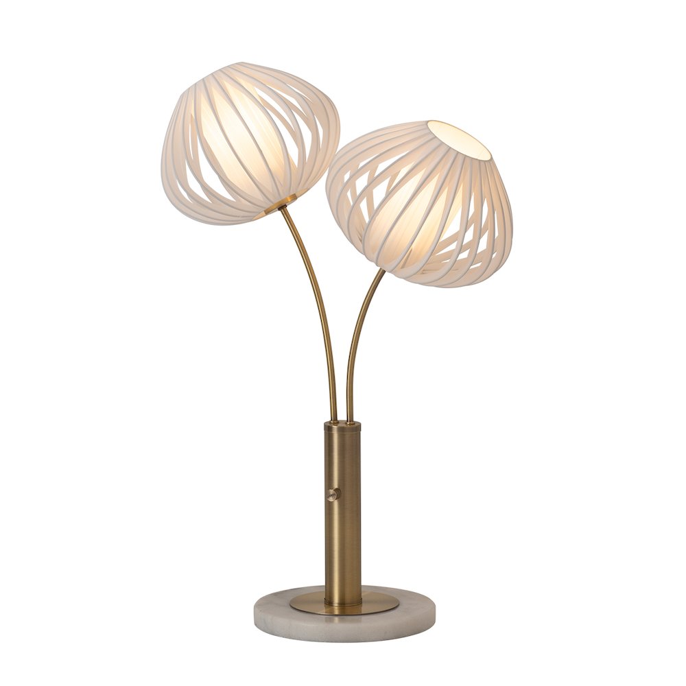 Bloom 2-Light Table Lamp - Weathered Brass, White Marble Base, White Satin Shade. Picture 1