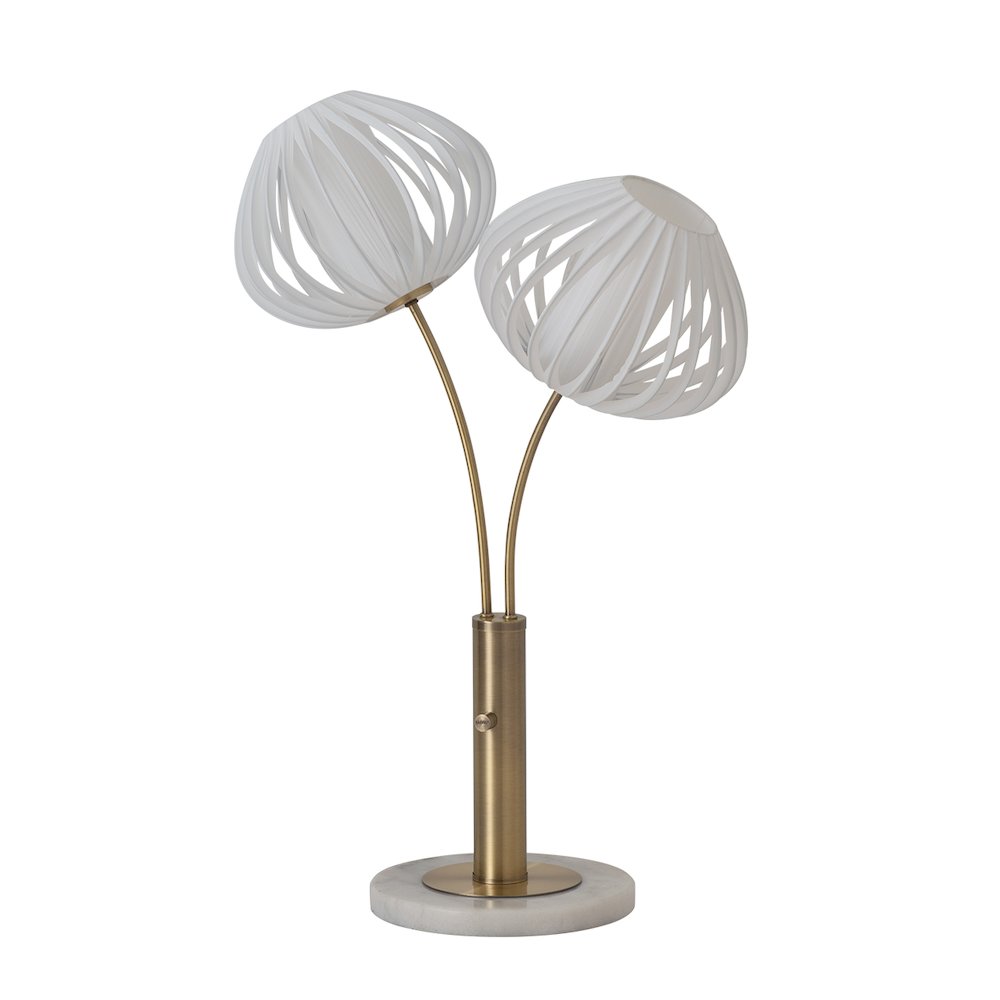 Bloom 2-Light Table Lamp - Weathered Brass, White Marble Base, White Satin Shade. Picture 8