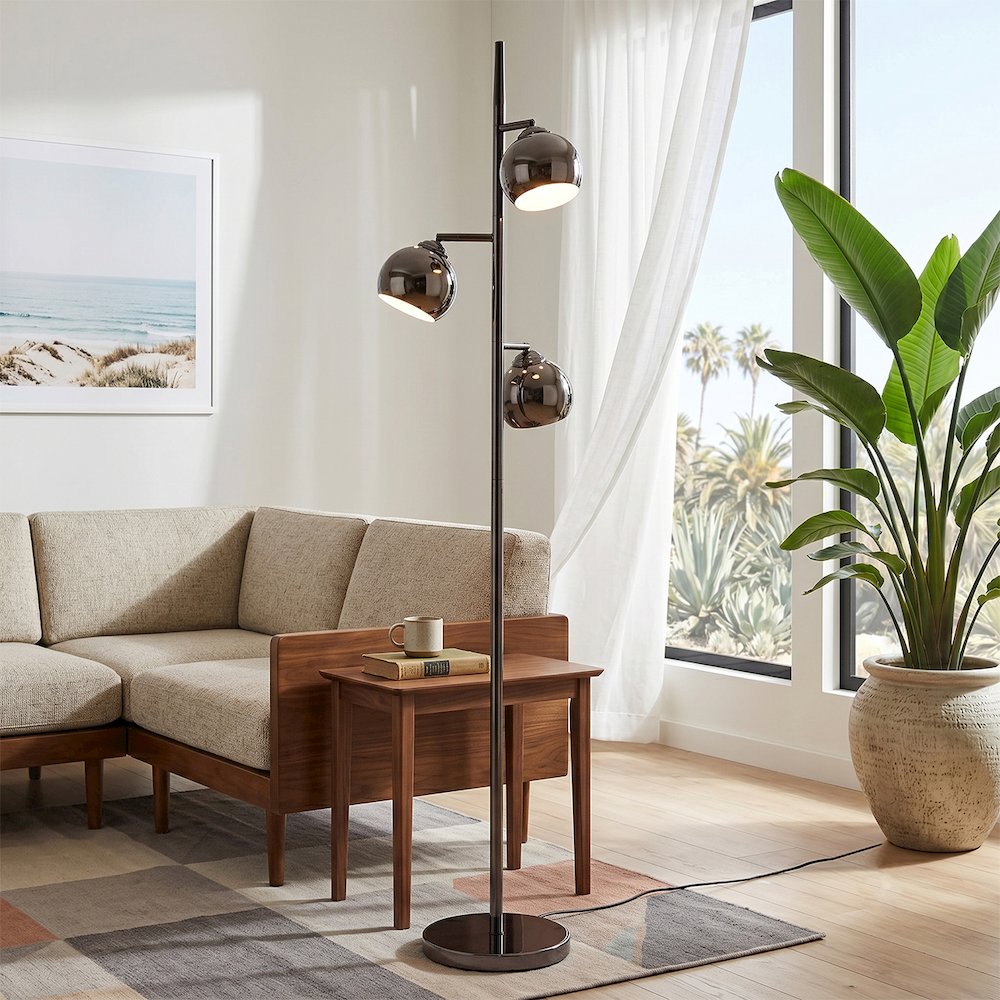Triplet Floor 3-Light Lamp - Black Nickel Steel, Black Marble Base, Black. Picture 2