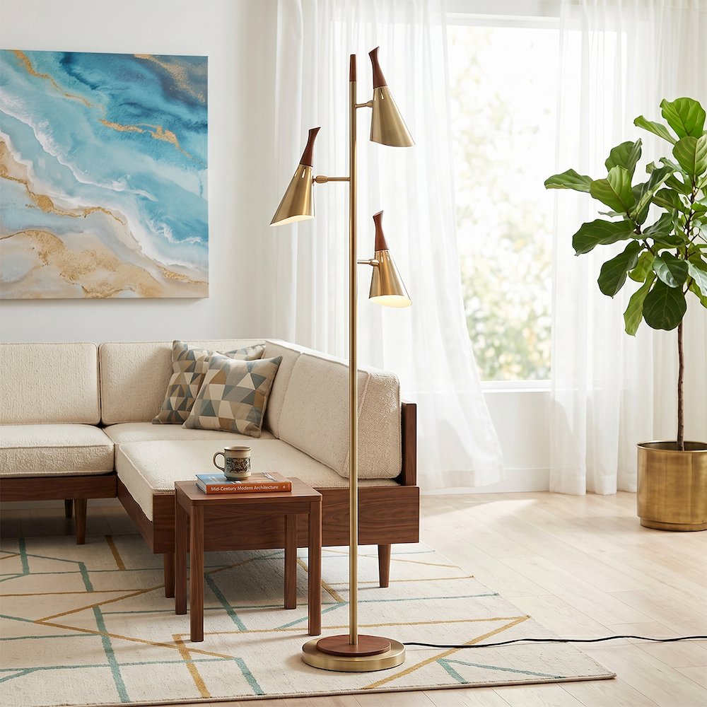 Encinitas 3-Light Tree Floor Lamp - Weathered Brass, Wood Shade Detail with. Picture 2