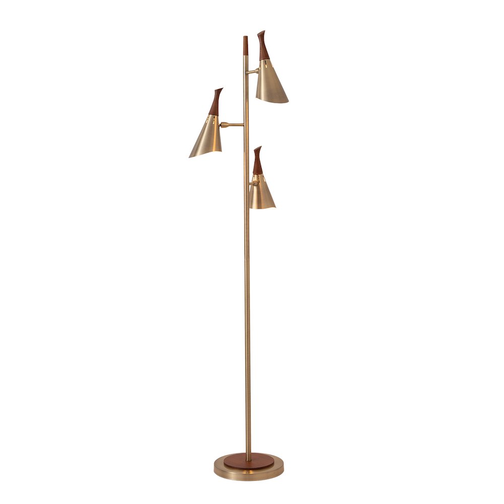 Encinitas 3-Light Tree Floor Lamp - Weathered Brass, Wood Shade Detail with. Picture 1