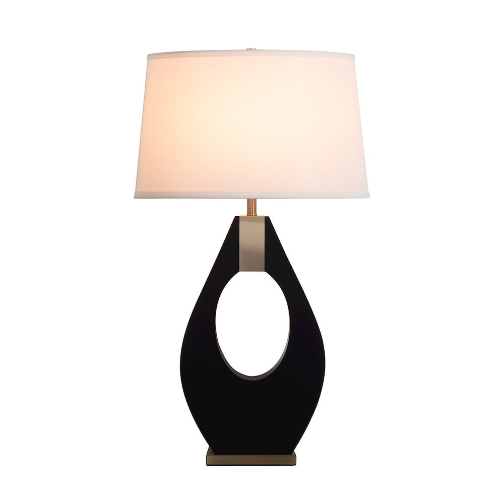 Pearson Table Lamp - Ebony Wood, Weathered Brass, White Cotton-Linen Shade. Picture 4