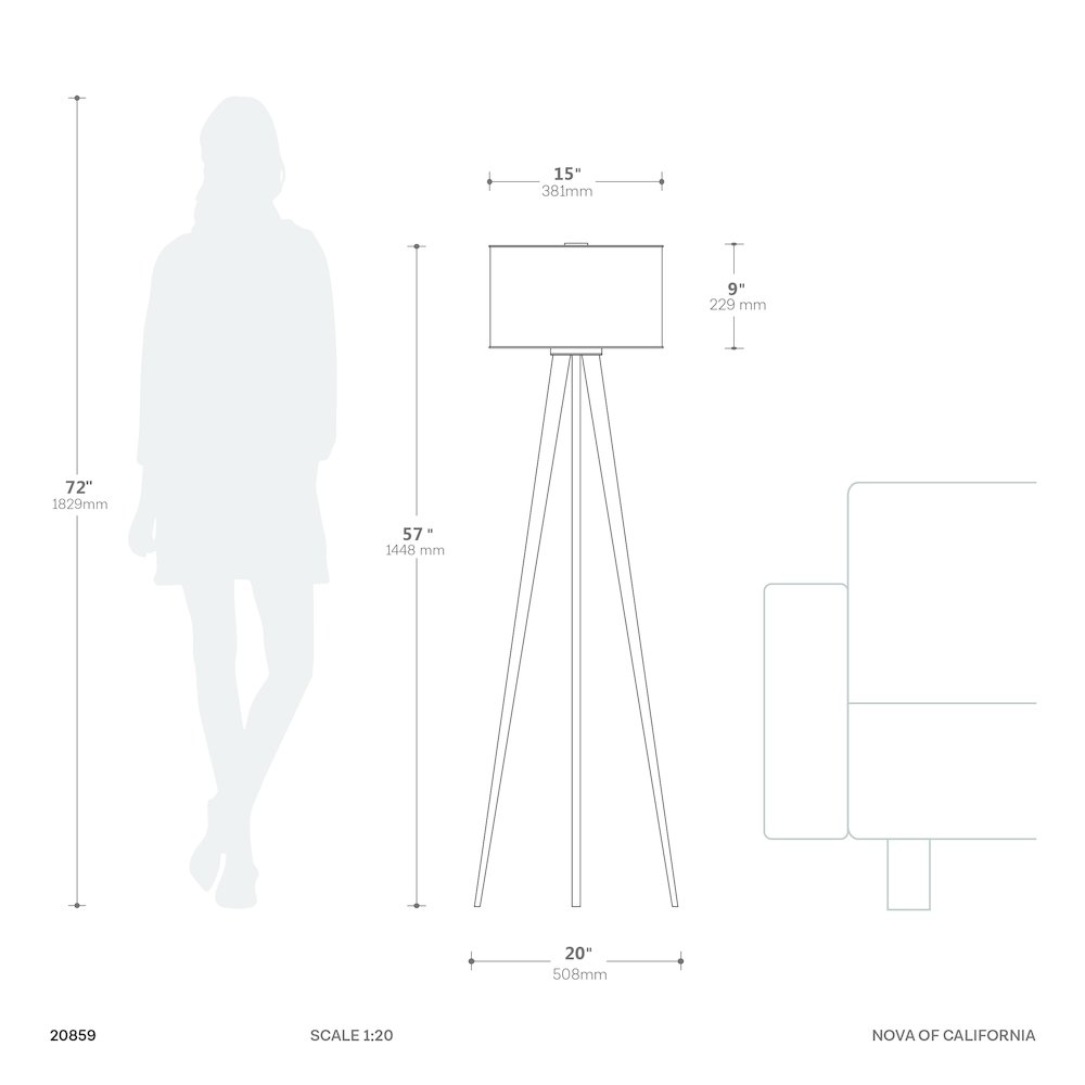 Quattro Floor Lamp  Natural Ash Wood Finish & Weathered Brass, White Linen Shade. Picture 2