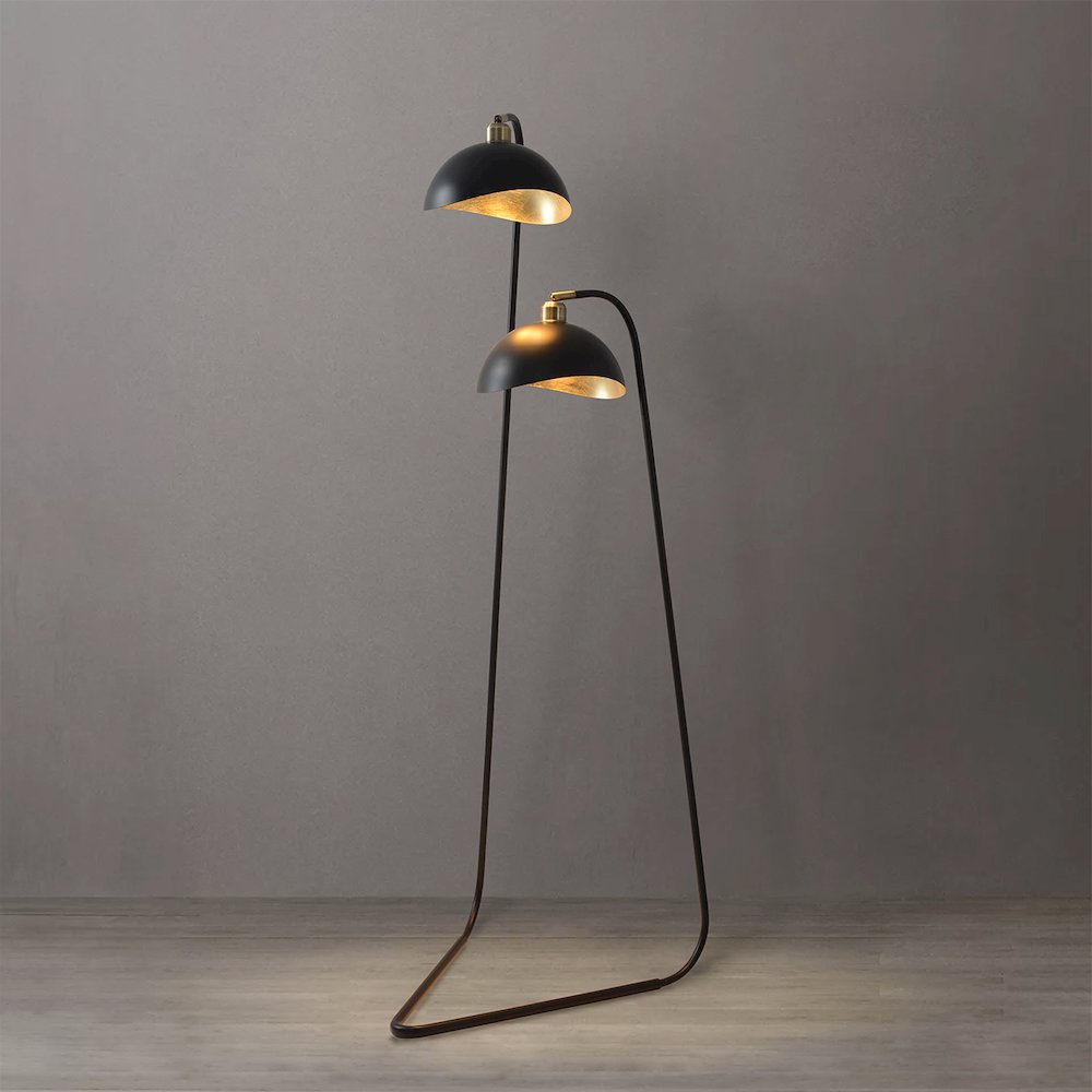 Duo Floor Lamp,Weathered Brass, Matte Black/Gold-Leaf Shade, Black Marble. Picture 1