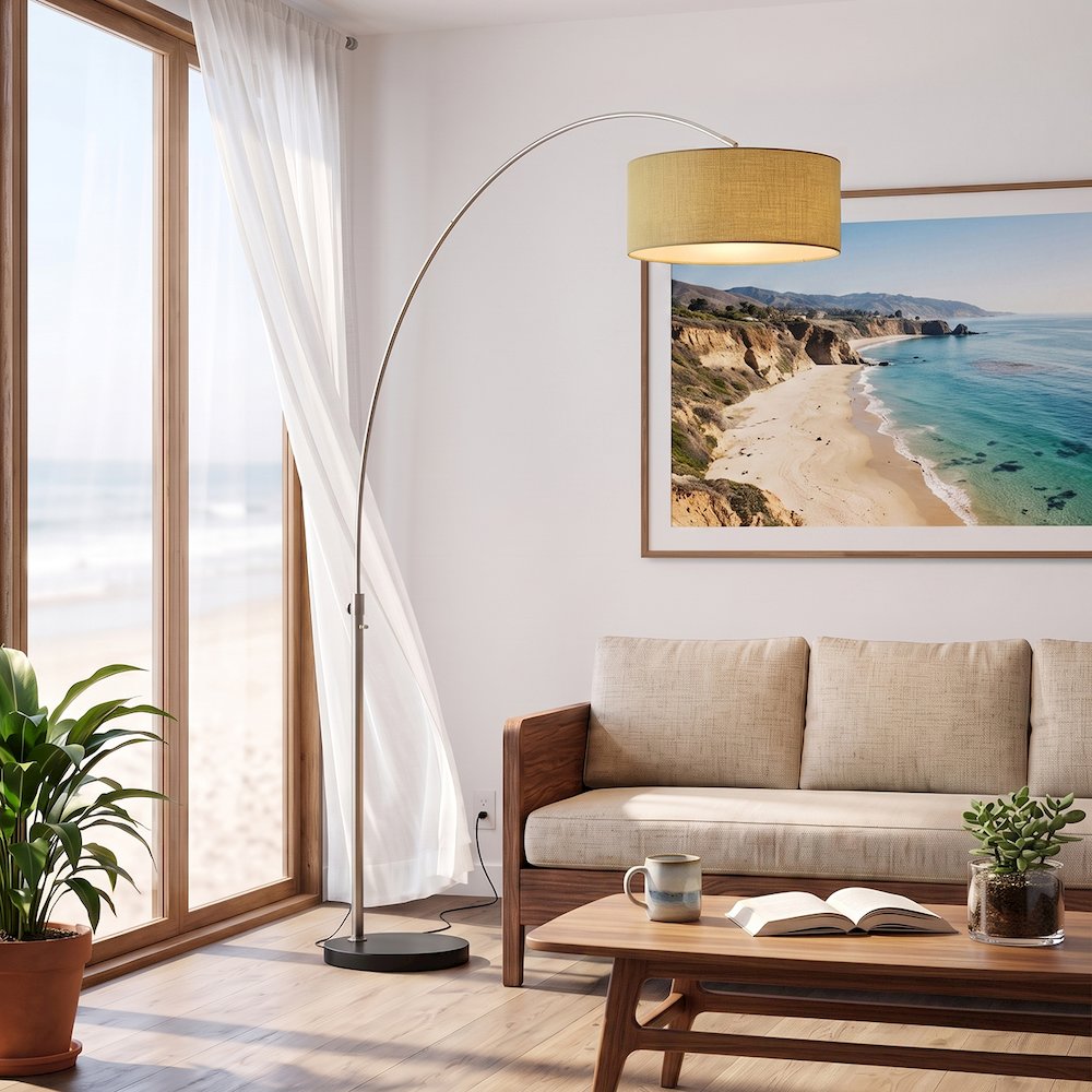 Float 92"H 1-Light Arc Lamp, Avocado Linen Shade, Black Marble Base, Satin. Picture 2