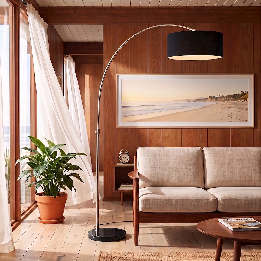 Float 92"H 1-Light Arc Lamp, Black Linen Shade, Black Marble Base, Satin Nickel. Picture 2