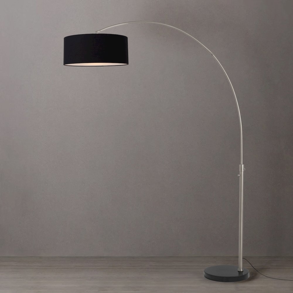 Float 92"H 1-Light Arc Lamp, Black Linen Shade, Black Marble Base, Satin Nickel. Picture 3