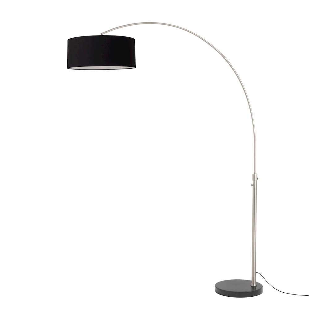 Float 92"H 1-Light Arc Lamp, Black Linen Shade, Black Marble Base, Satin Nickel. Picture 1