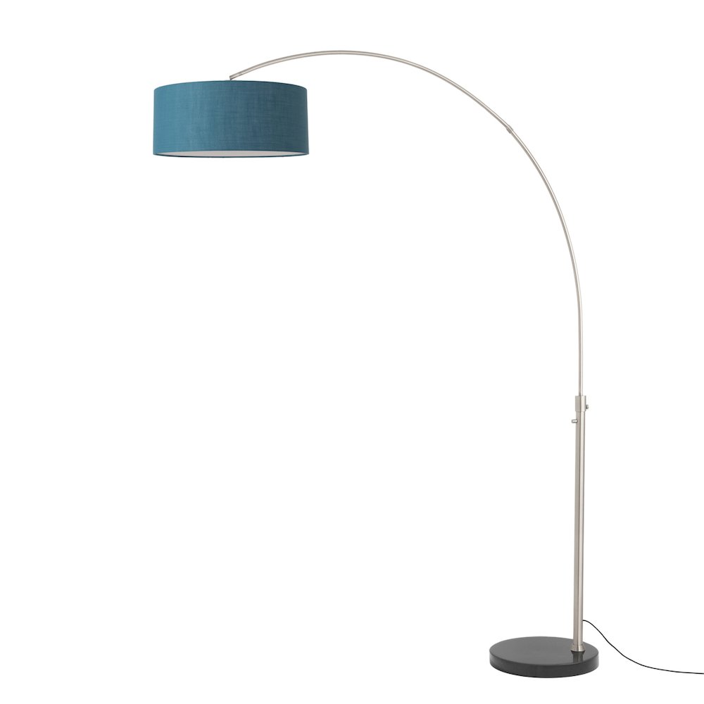 Float 92"H 1-Light Arc Lamp, Pool Blue Linen Shade, Black Marble Base, Satin. Picture 1