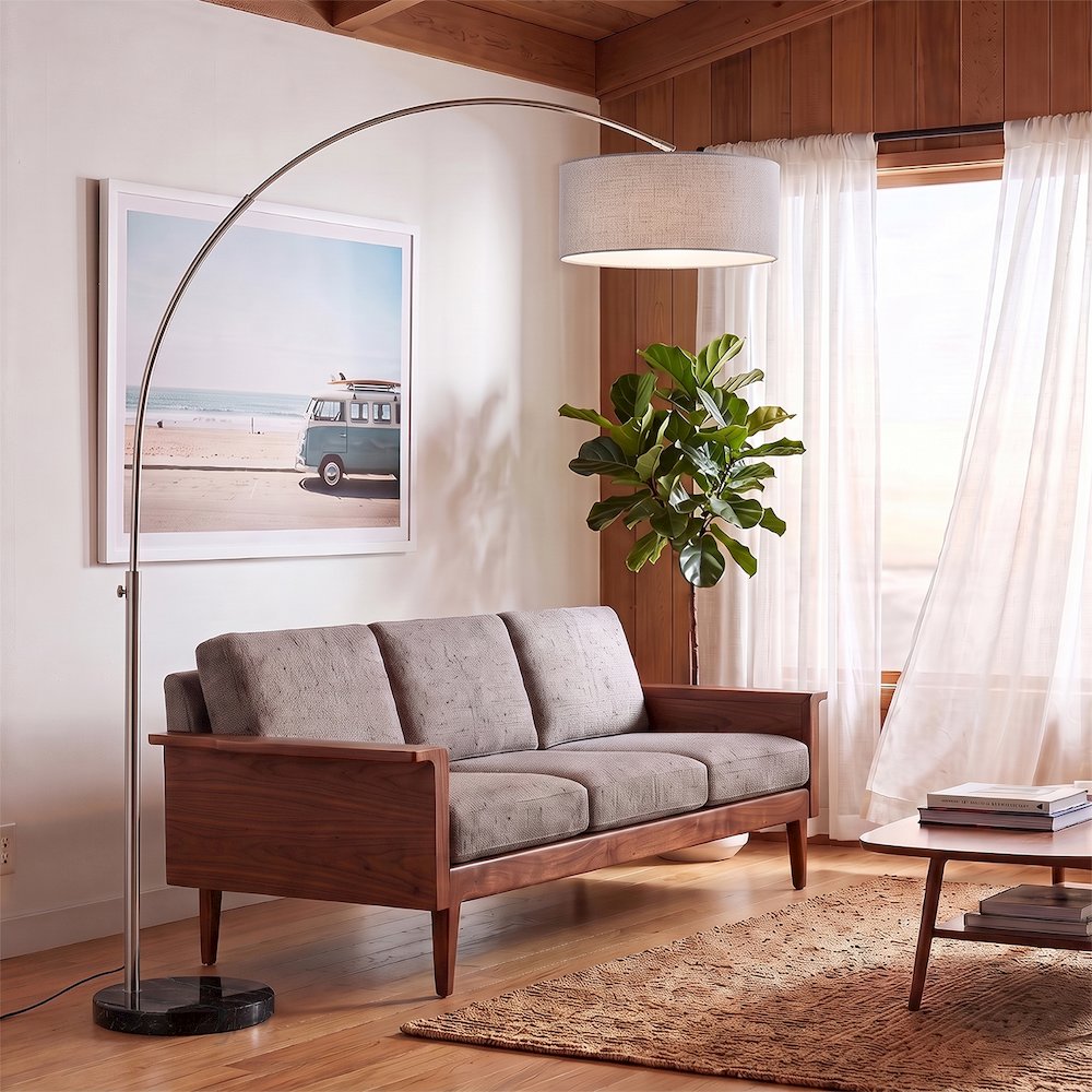 Float 92"H 1-Light Arc Lamp, Cashmere Gray Linen Shade, Black Marble Base. Picture 2