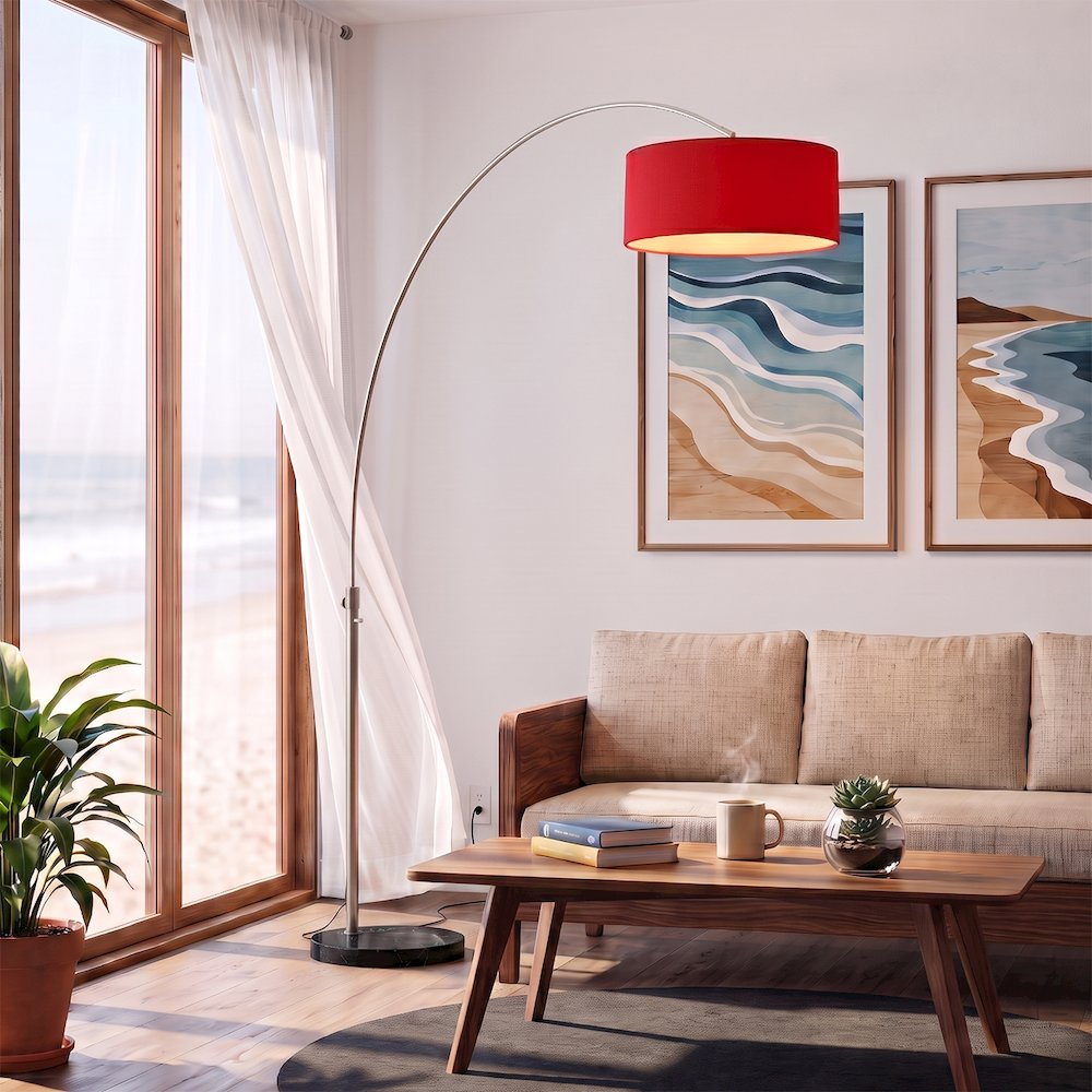 Float 92"H 1-Light Arc Lamp, Crimson Red Linen Shade, Black Marble Base, Satin. Picture 2