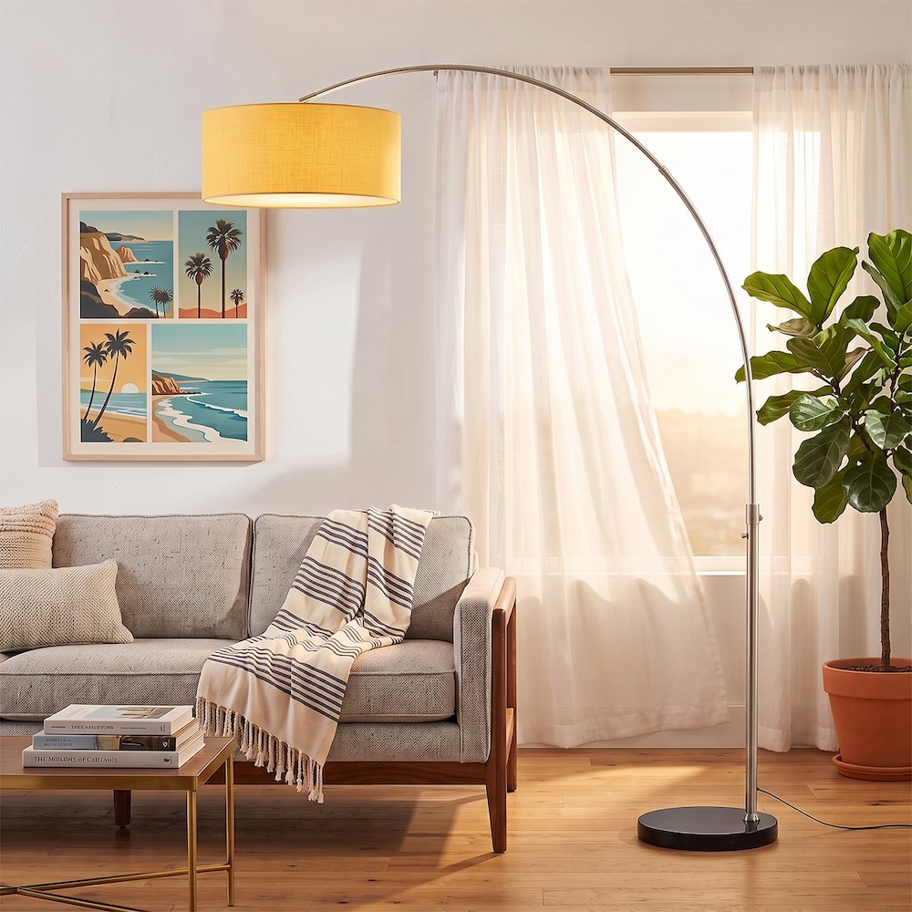 Float 92"H 1-Light Arc Lamp, Mustard Linen Shade, Black Marble Base, Satin. Picture 2