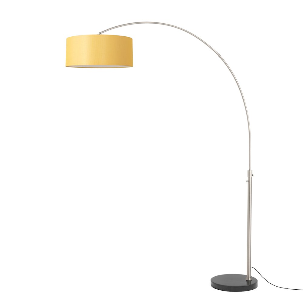Float 92"H 1-Light Arc Lamp, Mustard Linen Shade, Black Marble Base, Satin. Picture 1