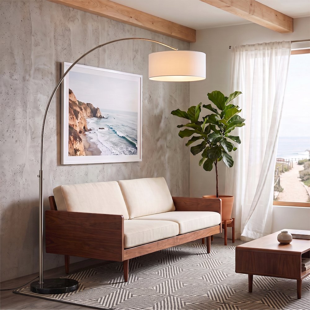 Float 92" Arc Lamp - Satin Nickel, Black Marble Base, White Linen Shade. Picture 2
