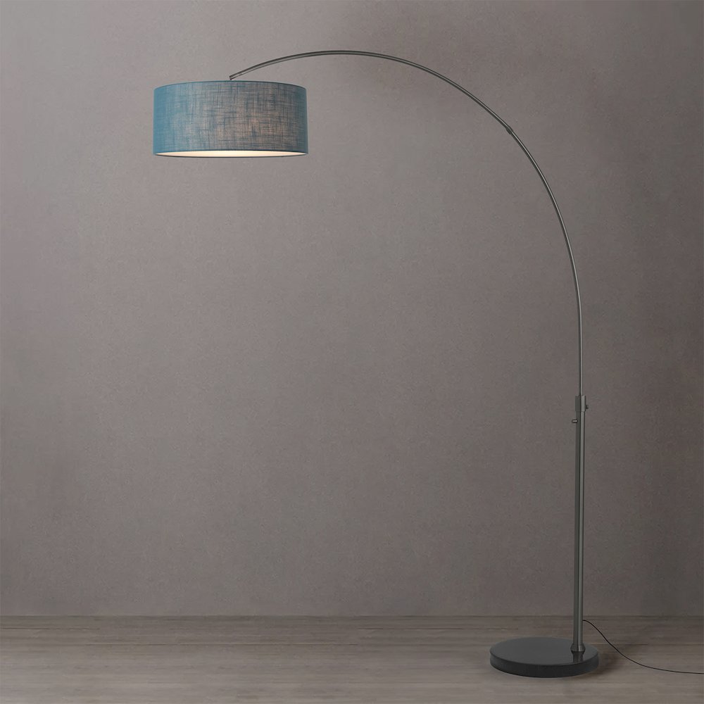 Float 92"H 1-Light Arc Lamp, Pool Blue Linen Shade, Black Marble Base, Black. Picture 2