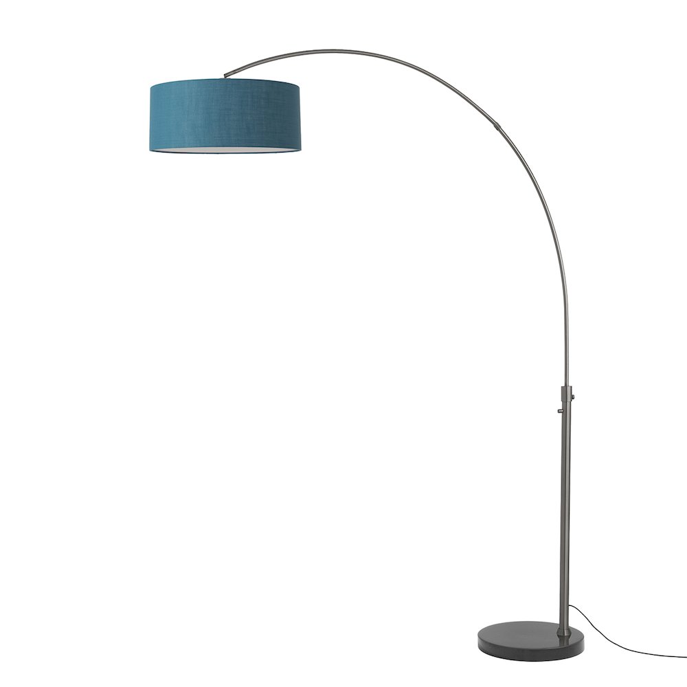 Float 92"H 1-Light Arc Lamp, Pool Blue Linen Shade, Black Marble Base, Black. Picture 1