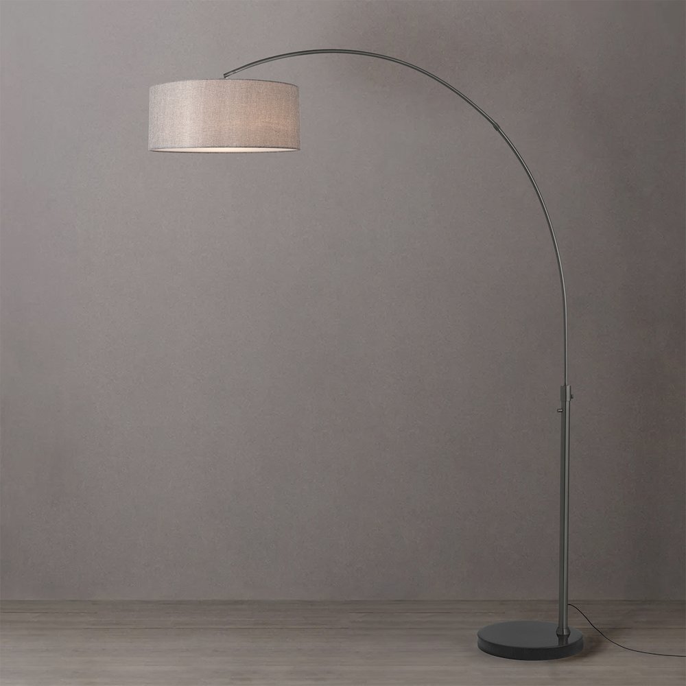 Float 92"H 1-Light Arc Lamp, Cashmere Gray Linen Shade, Black Marble Base. Picture 2