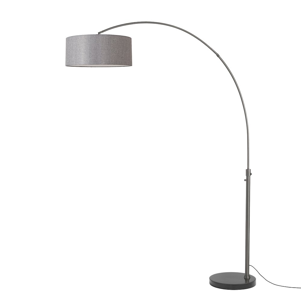 Float 92"H 1-Light Arc Lamp, Cashmere Gray Linen Shade, Black Marble Base. Picture 1