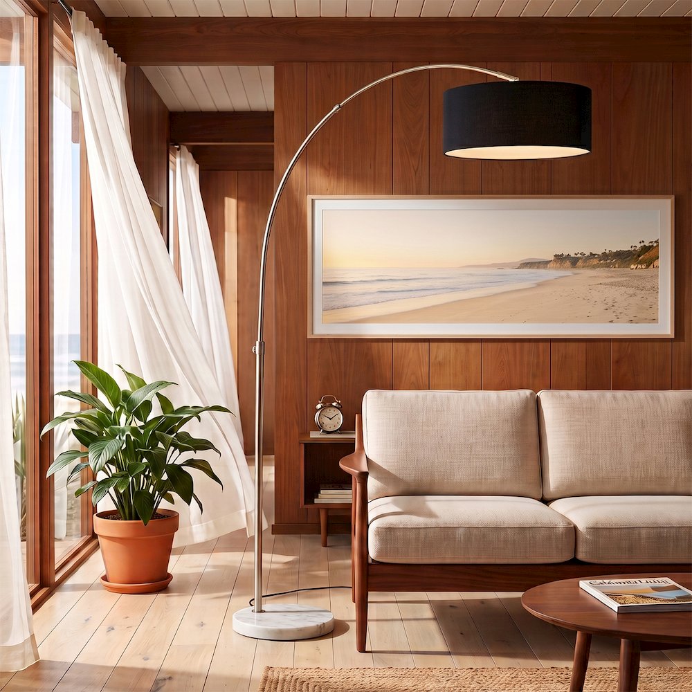 Float 92"H 1-Light Arc Lamp, Black Linen Shade, White Marble Base, Satin Nickel. Picture 2