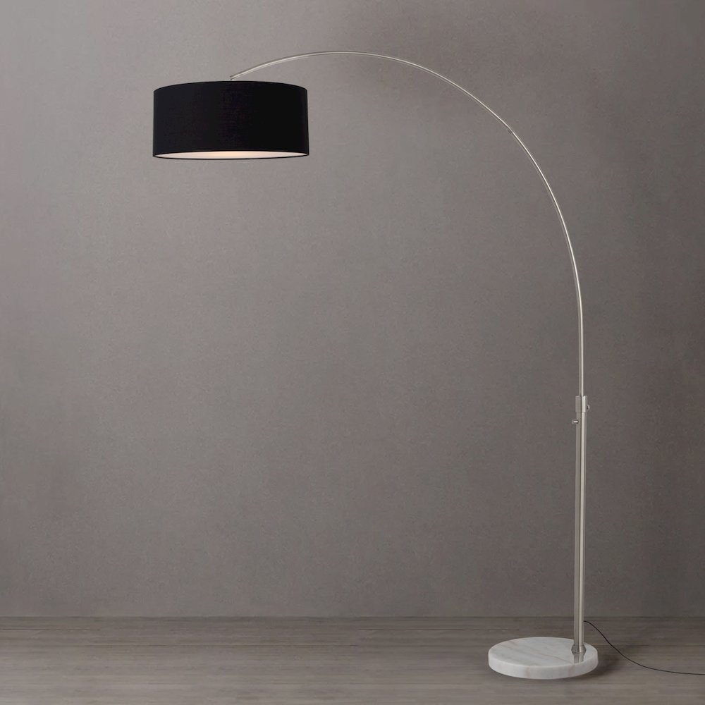 Float 92"H 1-Light Arc Lamp, Black Linen Shade, White Marble Base, Satin Nickel. Picture 3