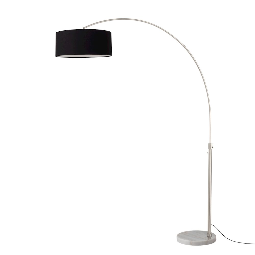 Float 92"H 1-Light Arc Lamp, Black Linen Shade, White Marble Base, Satin Nickel. Picture 1