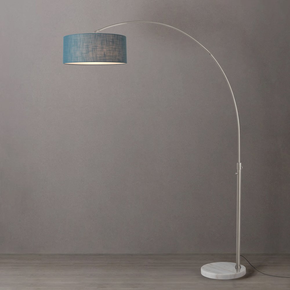 Float 92"H 1-Light Arc Lamp, Pool Blue Linen Shade, White Marble Base, Satin. Picture 2