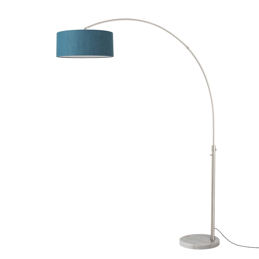 Float 92"H 1-Light Arc Lamp, Pool Blue Linen Shade, White Marble Base, Satin. Picture 1