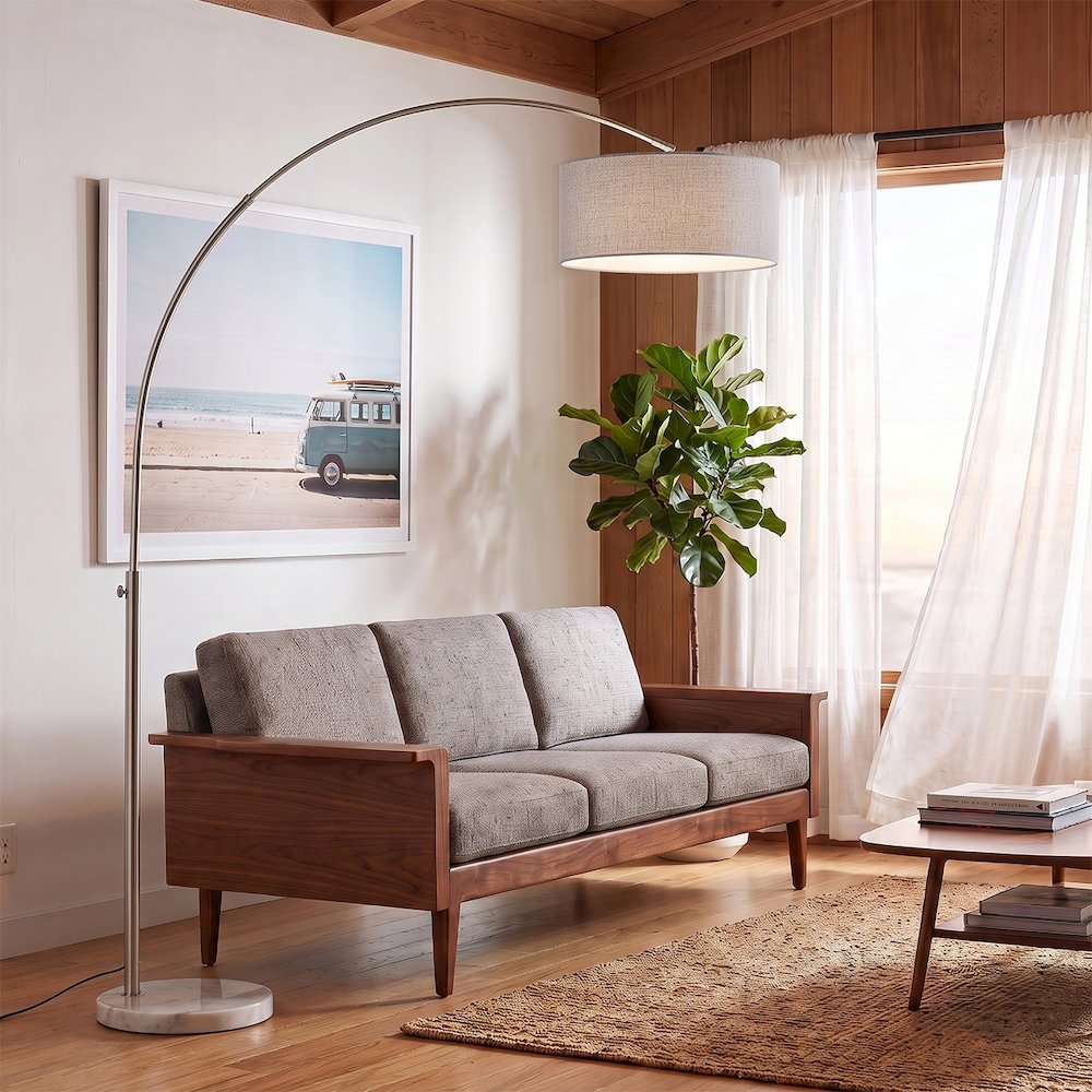Float 92"H 1-Light Arc Lamp, Cashmere Gray Linen Shade, White Marble Base. Picture 2