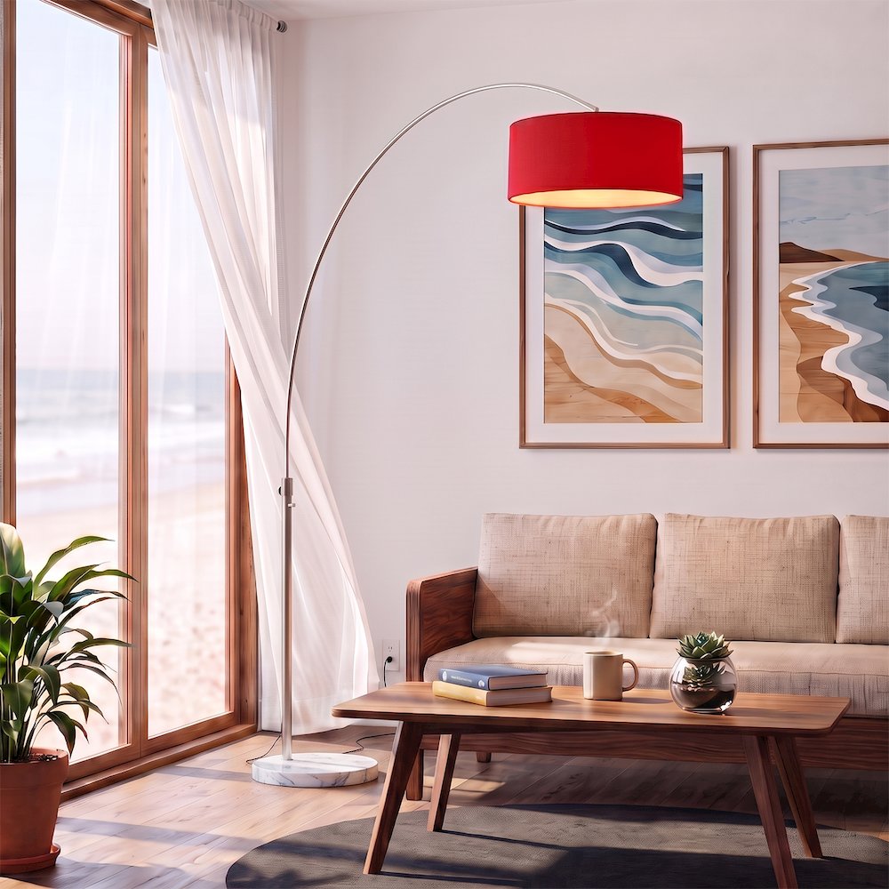 Float 92"H 1-Light Arc Lamp, Crimson Red Linen Shade, White Marble Base, Satin. Picture 2