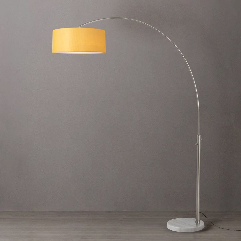 Float 92"H 1-Light Arc Lamp, Mustard Linen Shade, White Marble Base, Satin. Picture 2