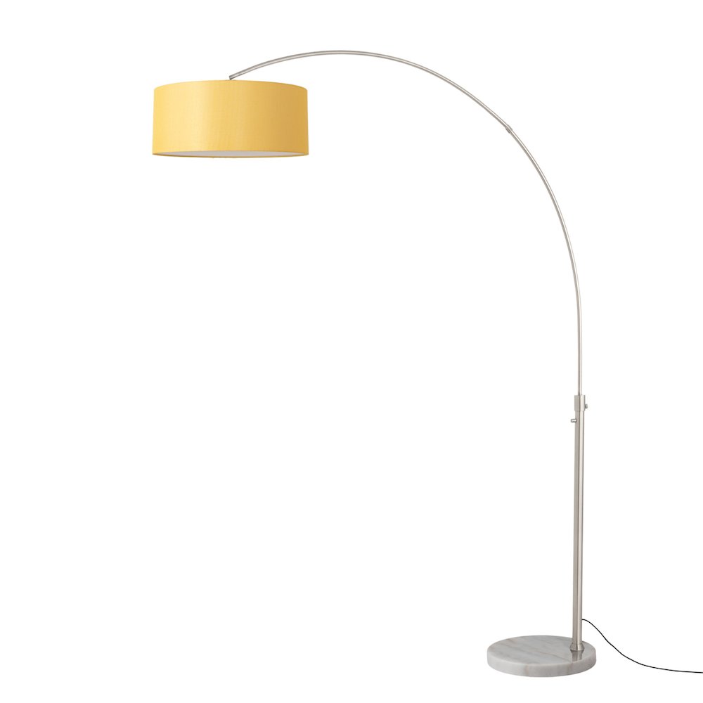 Float 92"H 1-Light Arc Lamp, Mustard Linen Shade, White Marble Base, Satin. Picture 1