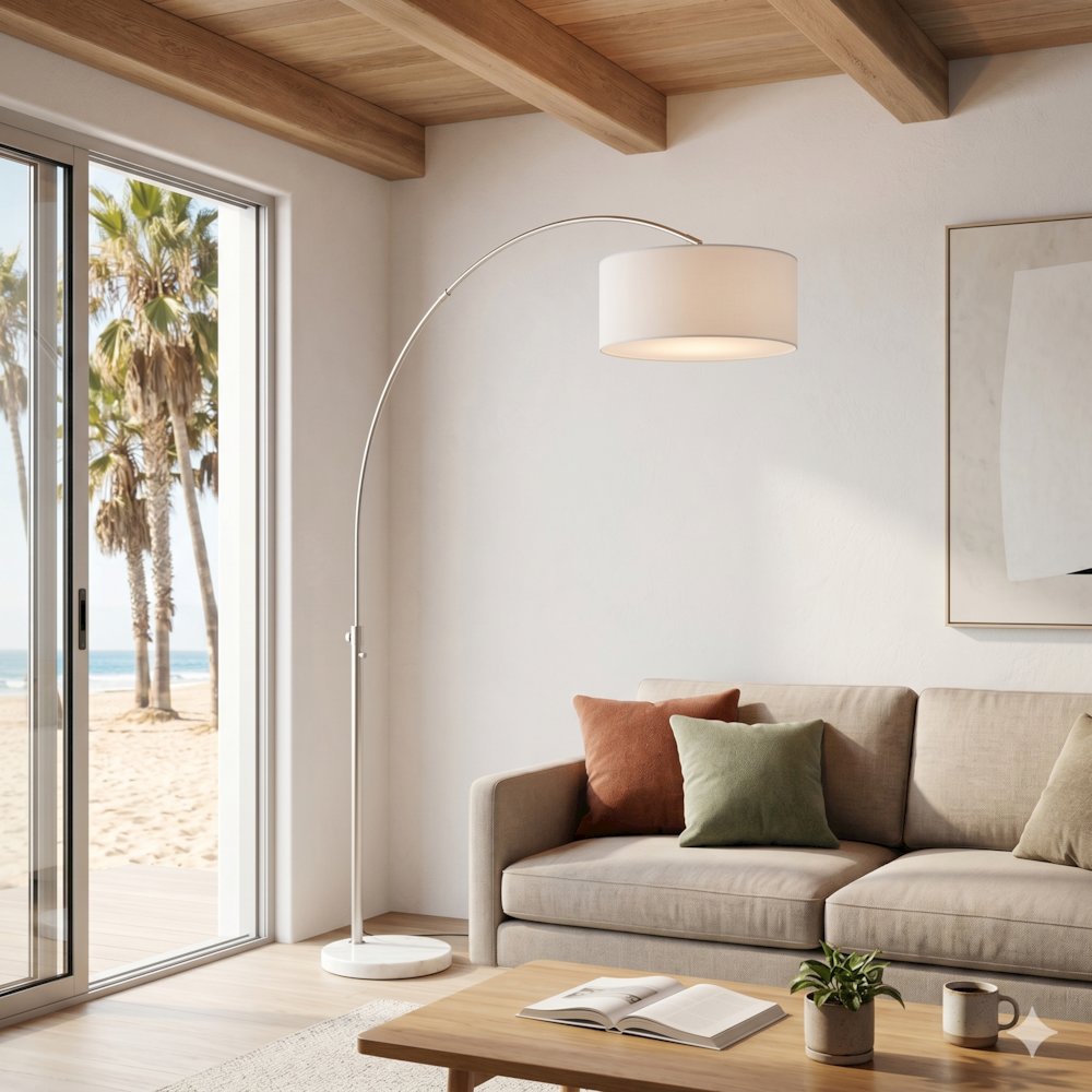 Float 92"H 1-Light Arc Lamp, White Linen Shade, White Marble Base, Satin Nickel. Picture 2
