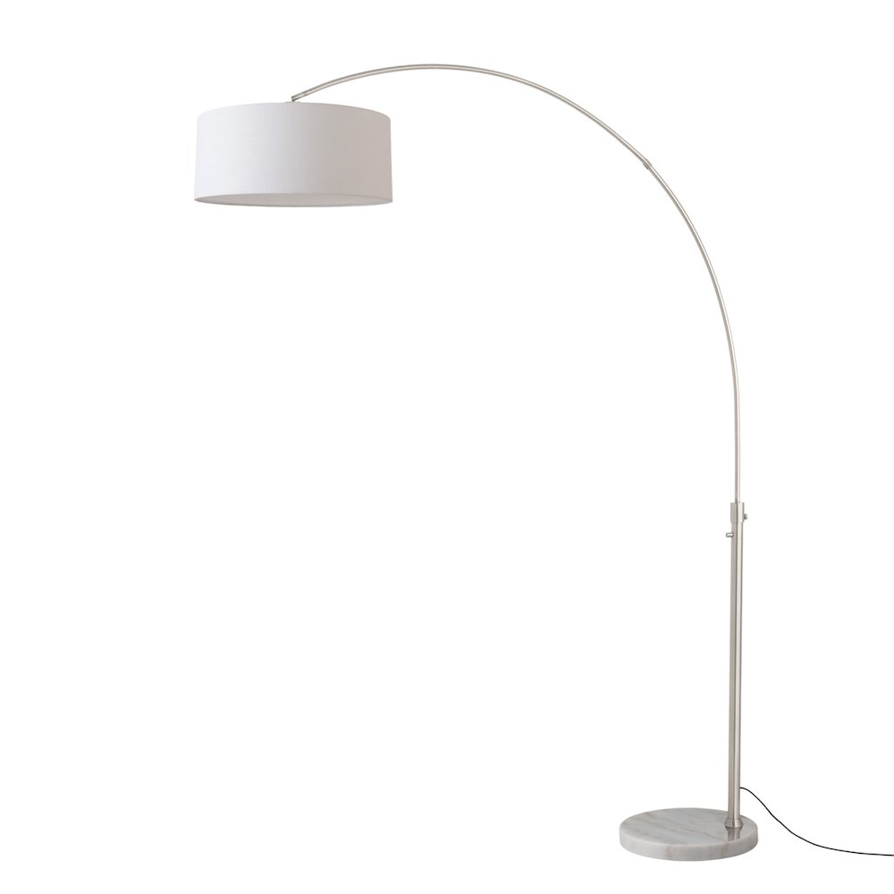 Float 92"H 1-Light Arc Lamp, White Linen Shade, White Marble Base, Satin Nickel. Picture 1