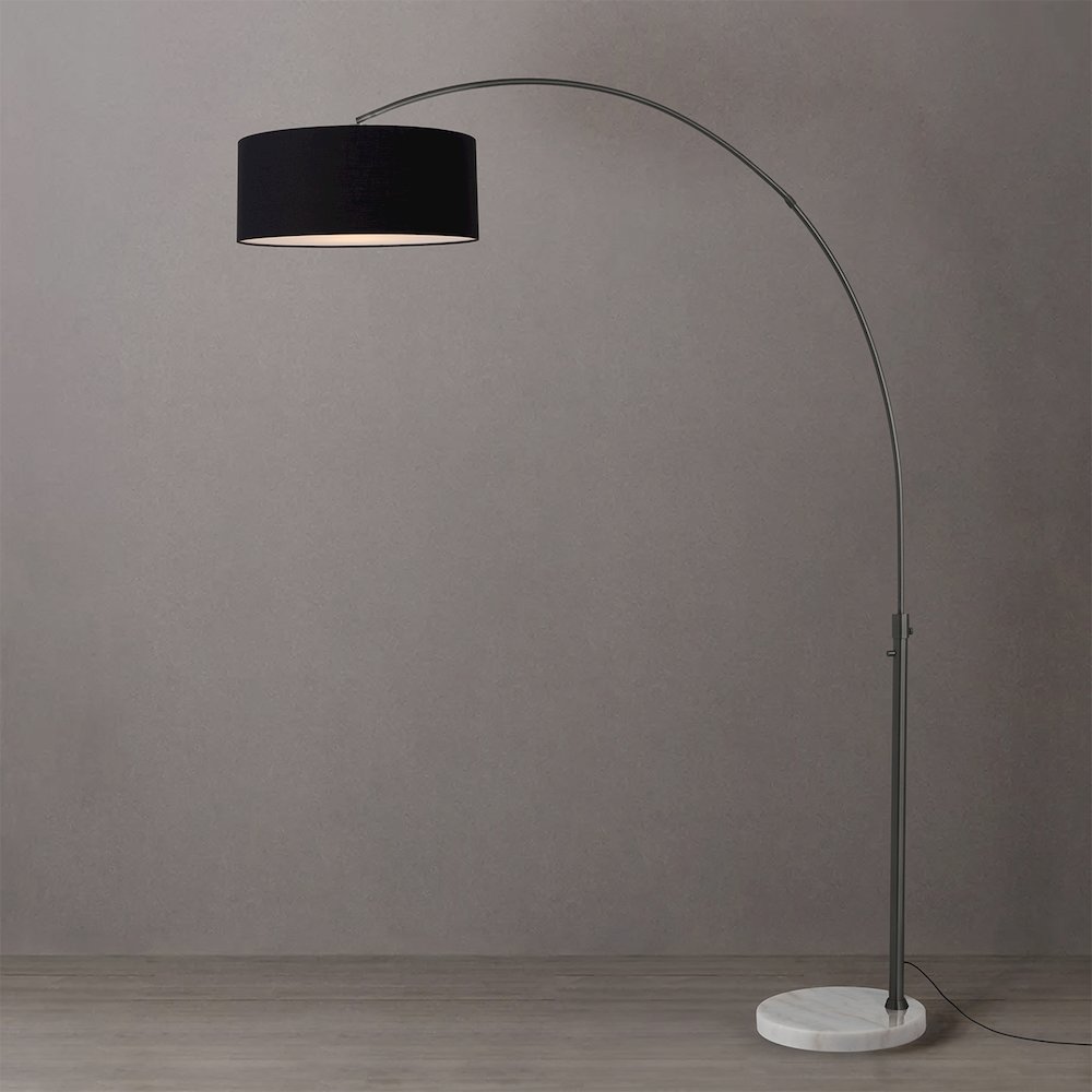 Float 92" Arc Lamp - Black Nickel, White Marble Base, Black Linen Shade. Picture 2