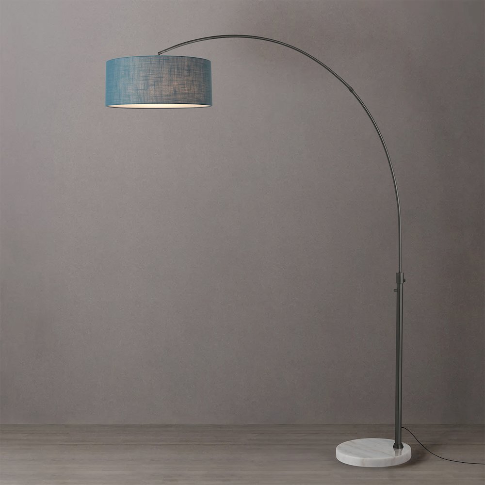 Float 92" Arc Lamp - Black Nickel, White Marble Base, Pool Blue Linen Shade. Picture 2