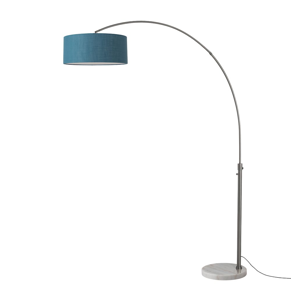 Float 92" Arc Lamp - Black Nickel, White Marble Base, Pool Blue Linen Shade. Picture 1