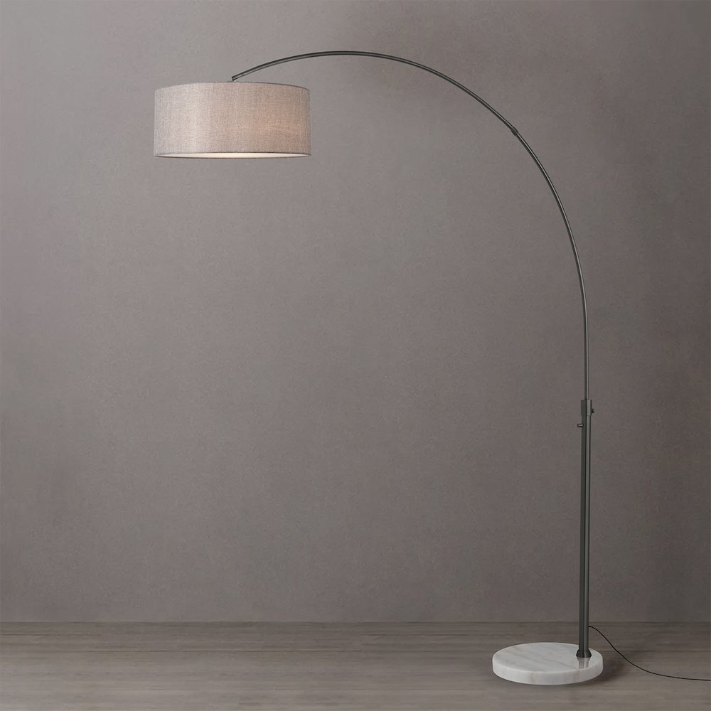 Float 92" Arc Lamp - Black Nickel, White Marble Base, Cashmere Gray Linen. Picture 2